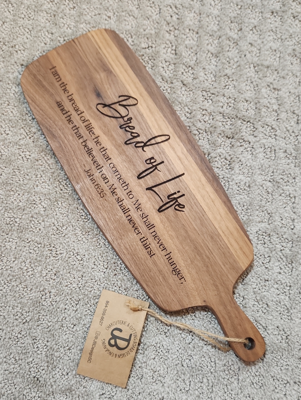 Walnut Wood Cutting Charcuterie Paddle Serving Board 'Bread of Life' Scripture